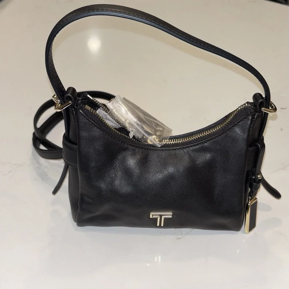 NWT TUMI Voyageur Evora Mini Hobo Black Leather Crossbody Bag Gold Hardware
